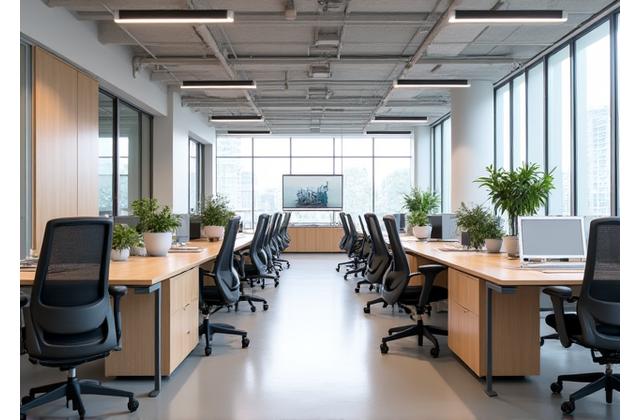 Stilrent kontorlandskap med tilpassede skrivebord og lyse trematerialer.